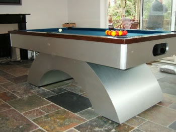 contemporary pool table with customised cushion rails with blue pool table cloth